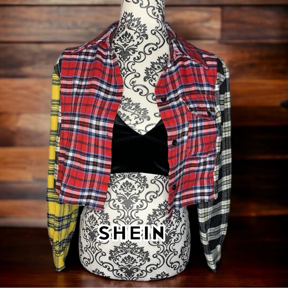SHEIN Women’s cropped multi plaid button down- Small
